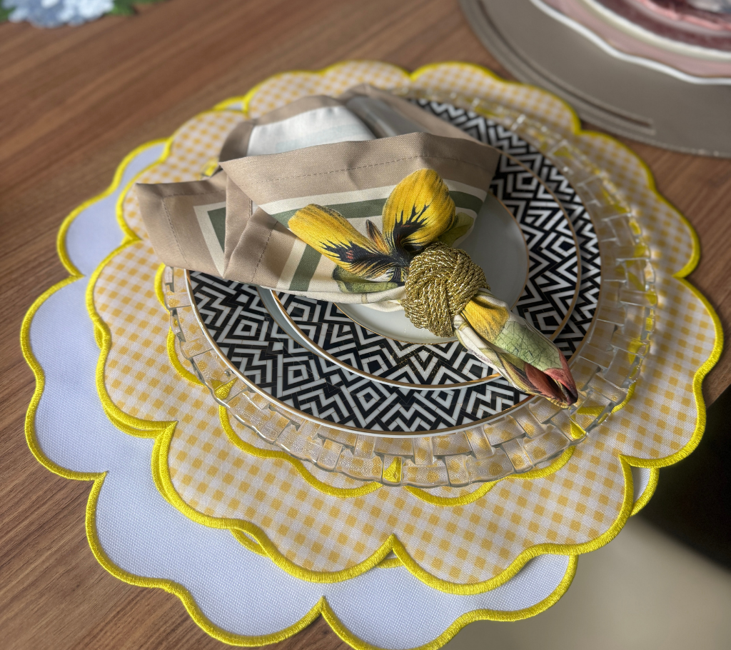 Individual reversible redondo en lona Cuadros Amarillo/Blanco