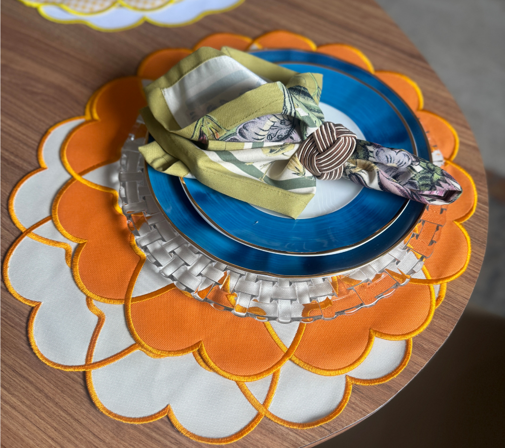 Individual reversible redondo en lona Ondas Puntas Marfil/Anaranjado