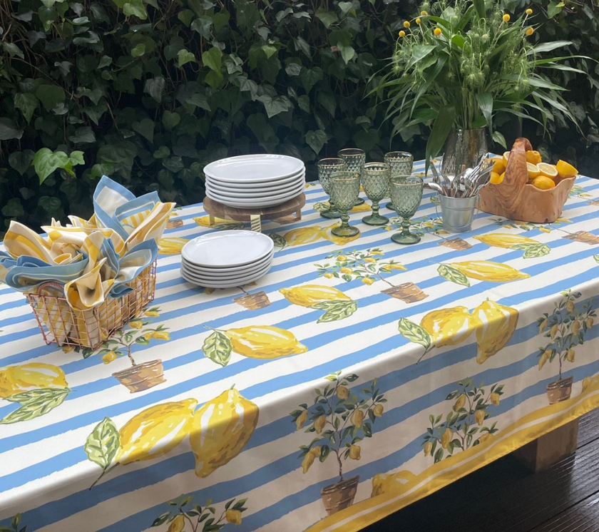 Mantel rectangular 10P en tela Limones/Rayas Azul/OW/Amarillo