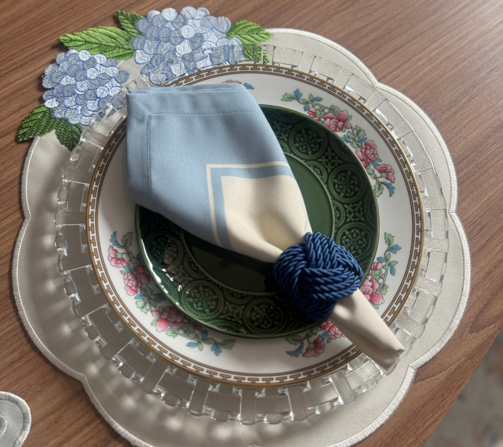 individual redondo en lona Hortensia Marfil/Azulv