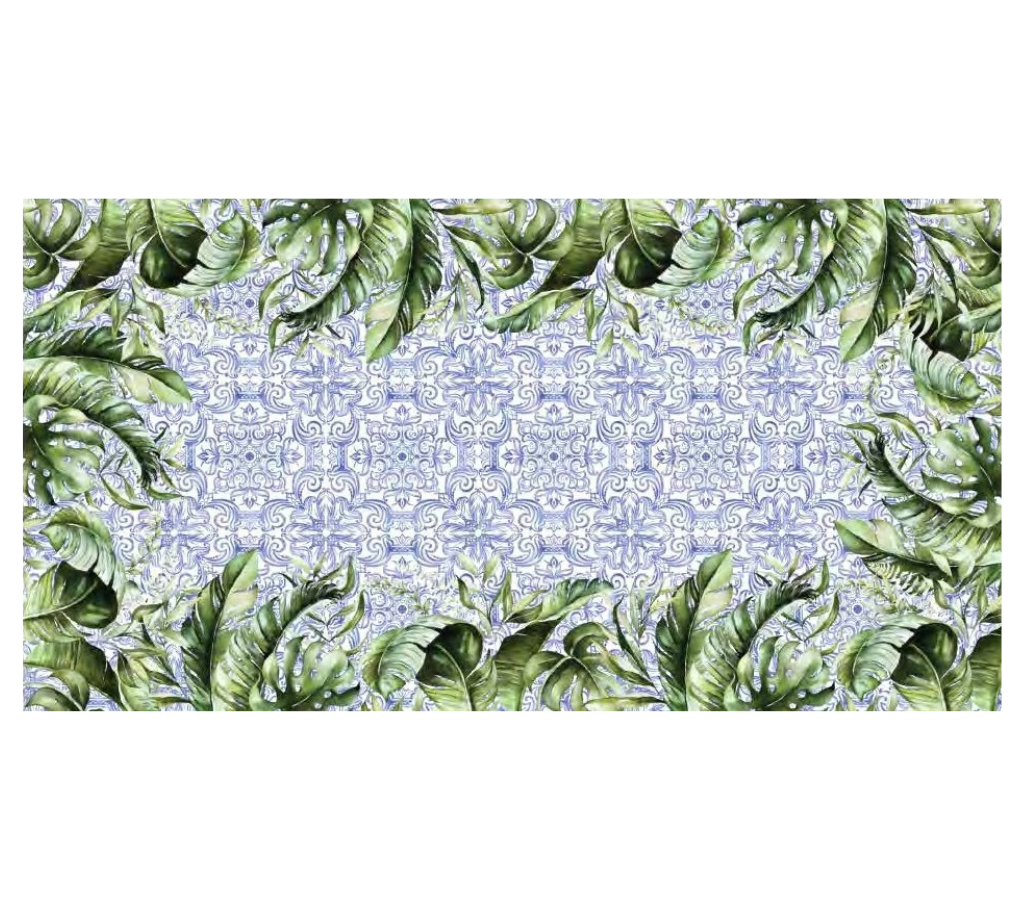 Mantel rectangular 12P en tela Hojas Mosaico Verde/Azul