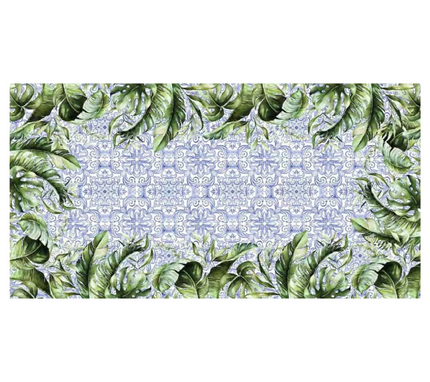 Mantel rectangular 12P en tela Hojas Mosaico Verde/Azul