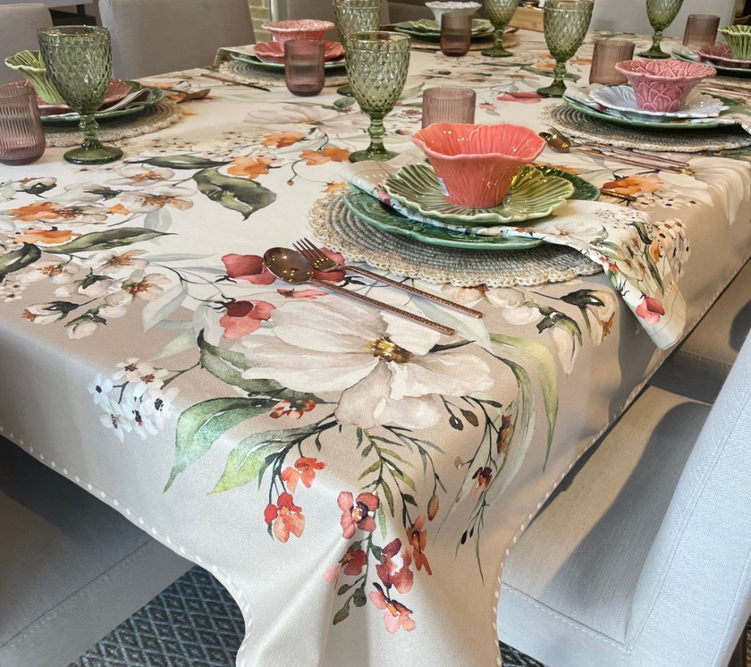 Mantel rectangular 10P en tela  Flores Enredadera Borde Beige/Colores