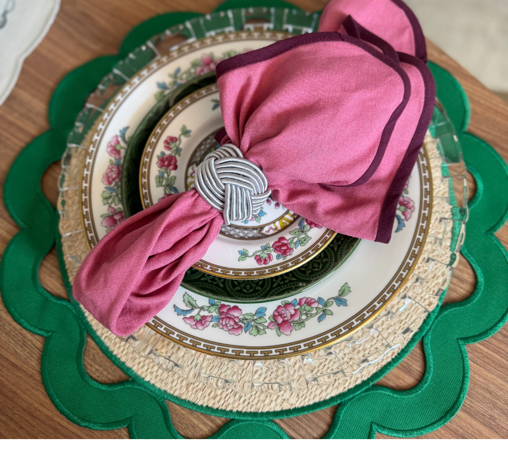 Individual reversible redondo en lona y rafia Huecos Verde