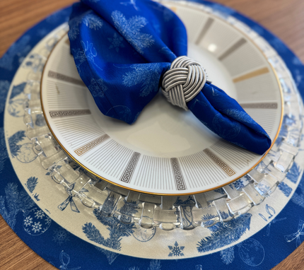 Individual troquelado redondo en tela Navidad Ramas/Bambalinas Azul/Blanco