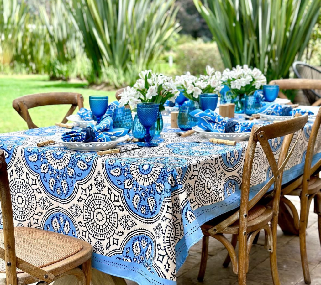 Mantel rectangular 8P en tela Boho Azul