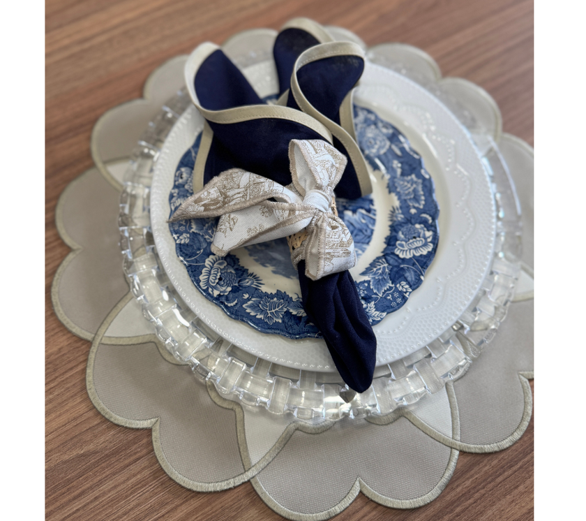 Individual reversible redondo en lona Ondas Puntas Marfil/Beige