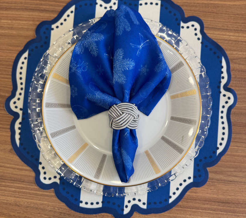 Individual troquelado redondo en tela Rayas AzulM/Blanco