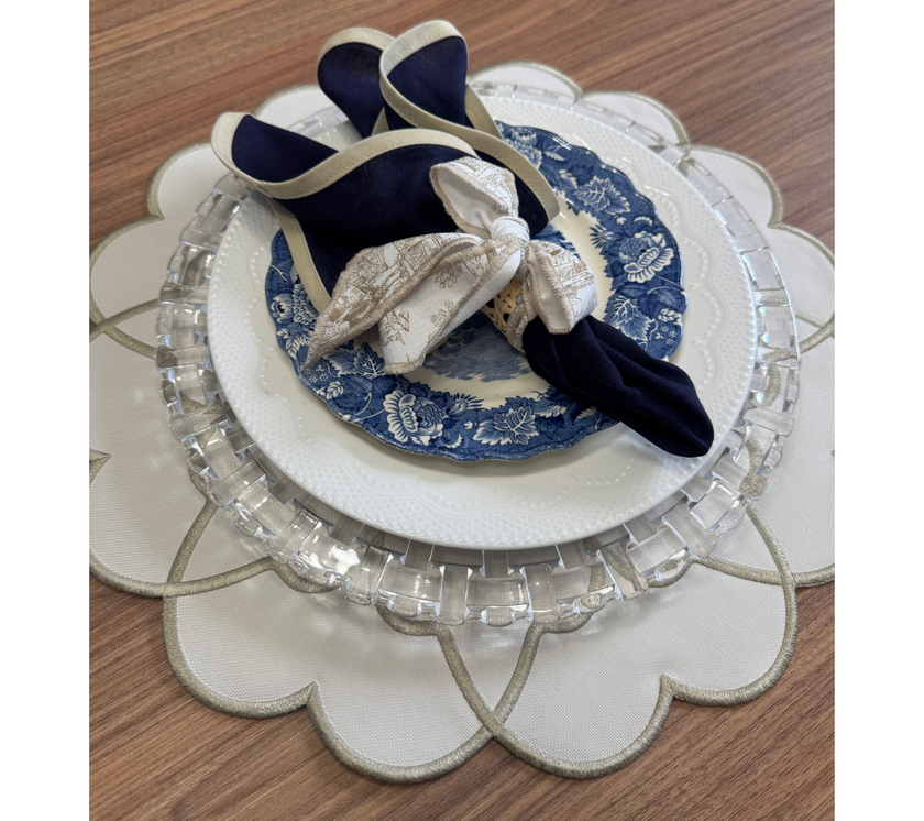 Individual reversible redondo en lona Ondas Puntas Marfil/Beige