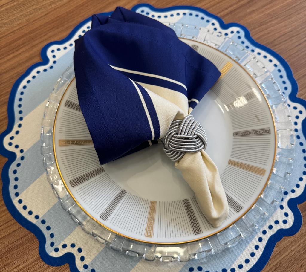 Individual troquelado redondo en tela Rayas AzulC/Blanco