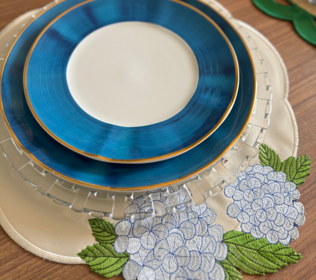 individual redondo en lona Hortensia Marfil/Azulv