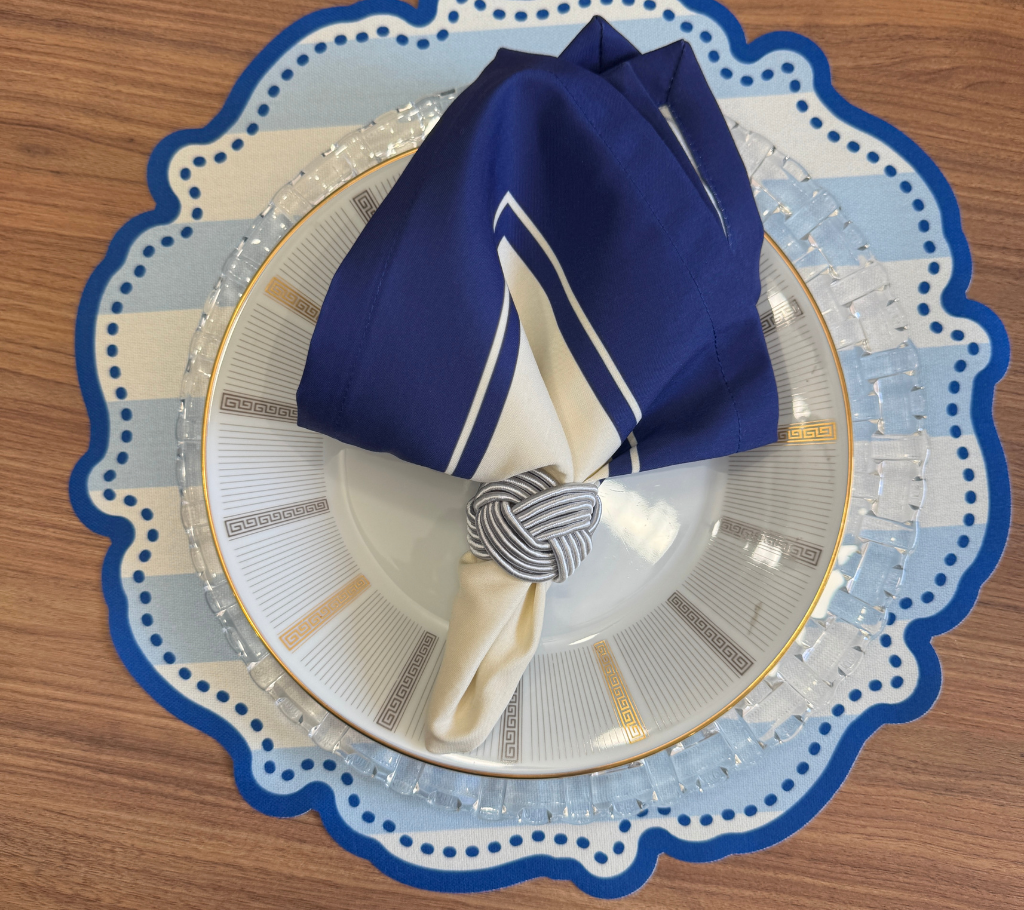 Individual troquelado redondo en tela Rayas AzulC/Blanco