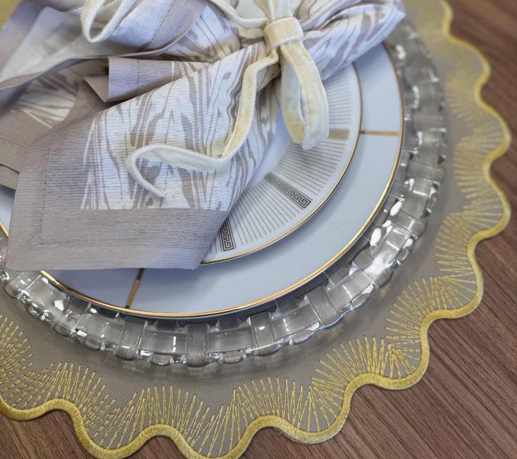 Individual redondo en lona Ondas/Puntillas Beige/Dorado
