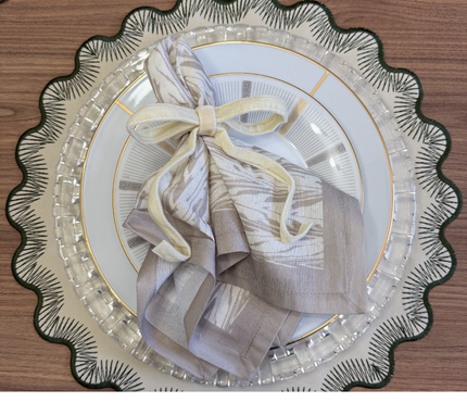 Individual redondo en lona Ondas/Puntillas Beige/Verde Musgo