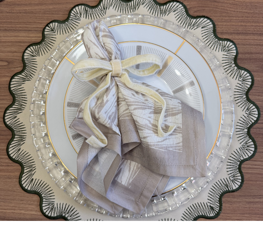 Individual redondo en lona Ondas/Puntillas Beige/Verde Musgo