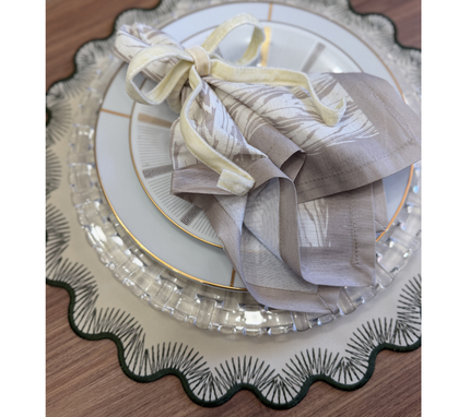 Individual redondo en lona Ondas/Puntillas Beige/Verde Musgo