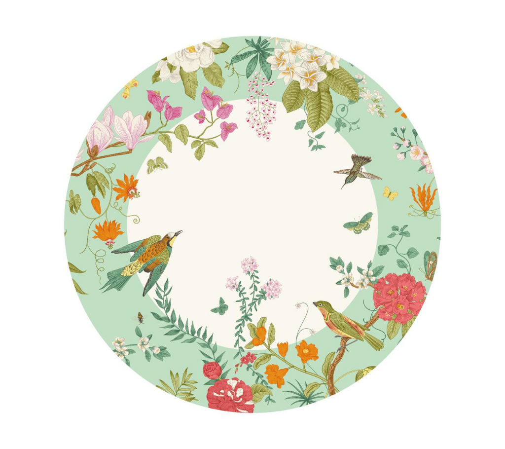 Individual troquelado redondo en tela Pájaros Borde Verde