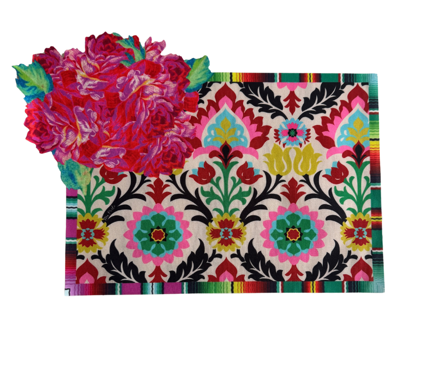 Individual troquelado rectangular en tela Flor Colores