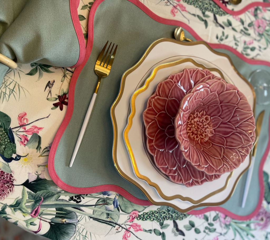 Individual rectangular en lino Verde/Rosado