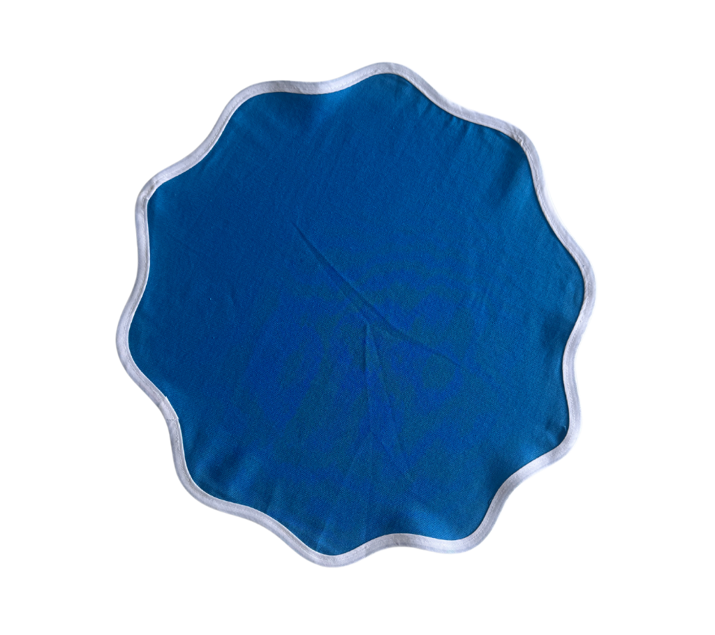 Individual redondo en lino Azul/Blanco