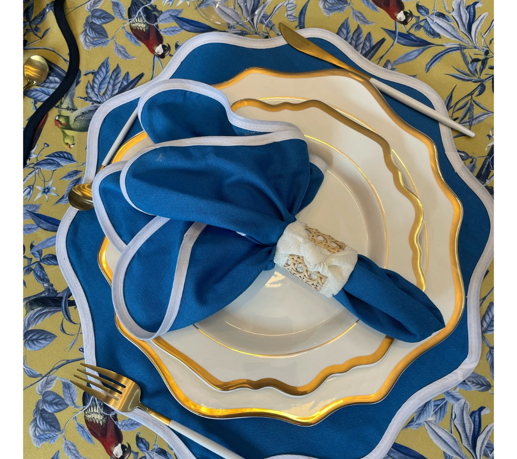 Individual redondo en lino Azul/Blanco