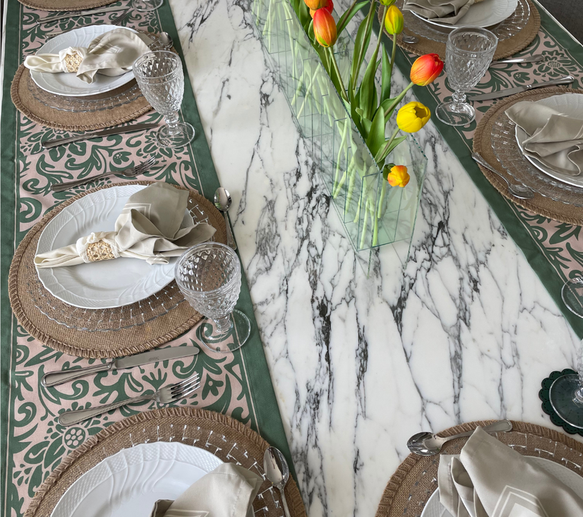 Camino de mesa en tela Abstracto Flores Verde 2.2