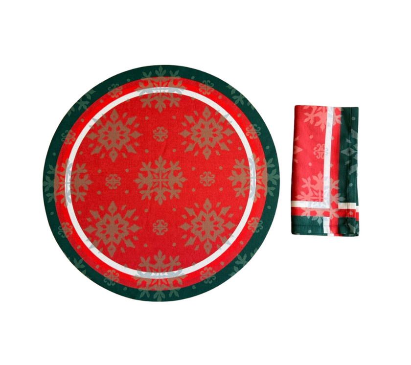 Individual troquelado redondo en tela Navidad Copos Rojo/Verde