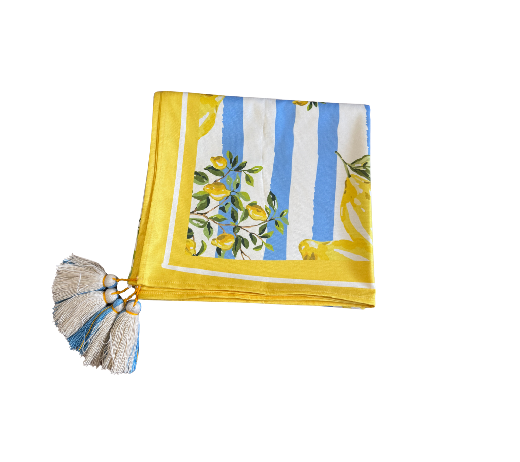 Mantel rectangular 8P en tela Limones/Rayas Azul/OW/Amarillo