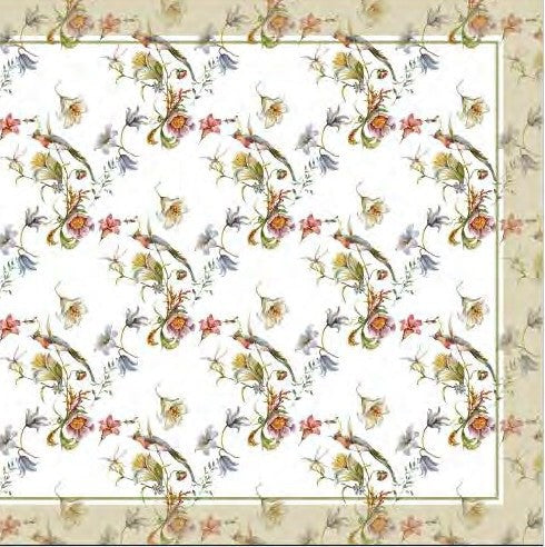 Mantel rectangular 8P en tela  Flores/Pájaros Borde Beige