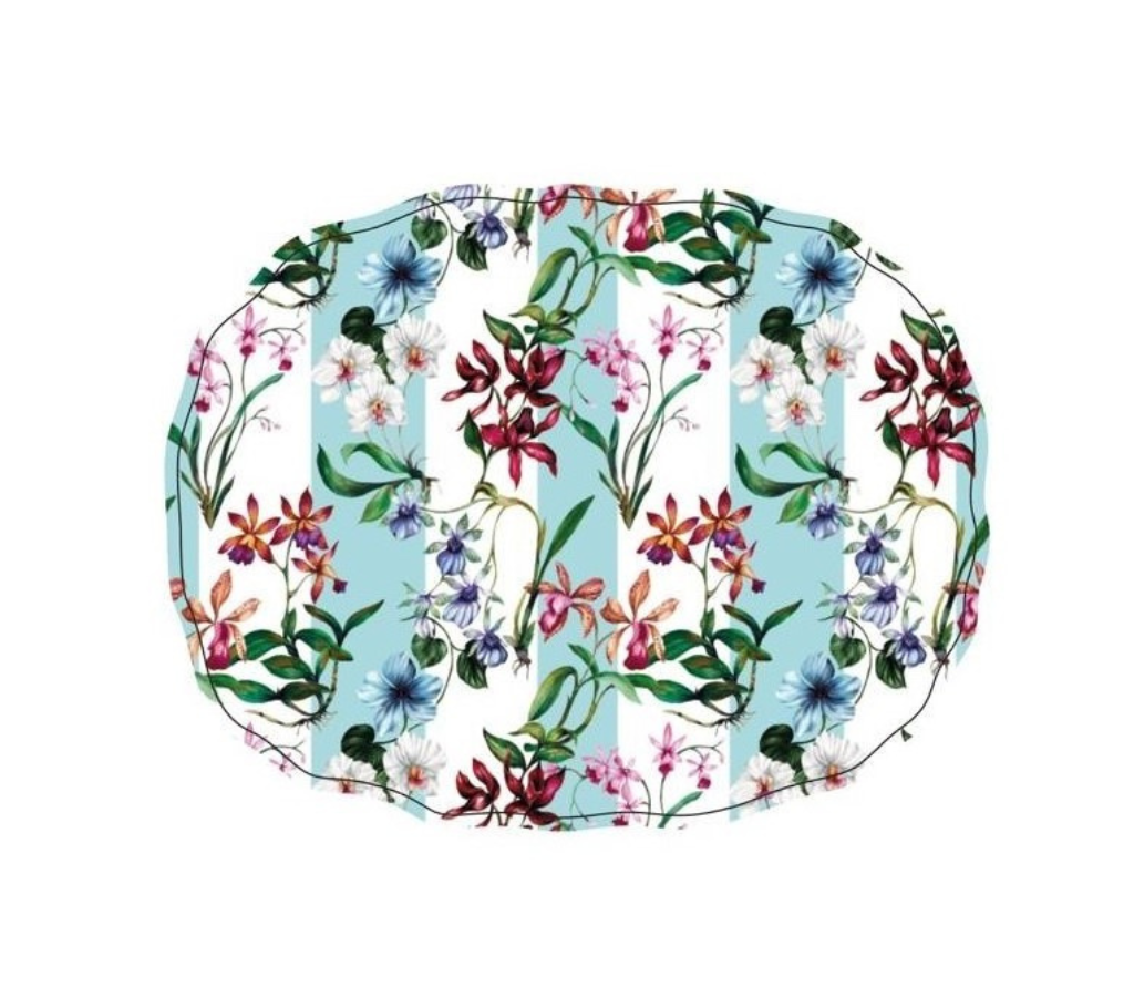 Individual troquelado ovalado en tela Flores/Rayas Azul/OW