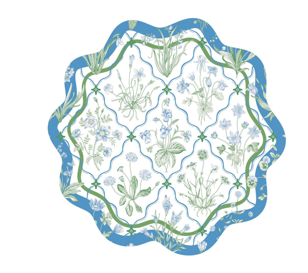 Individual troquelado redondo en tela Flores Borde Azul Verde