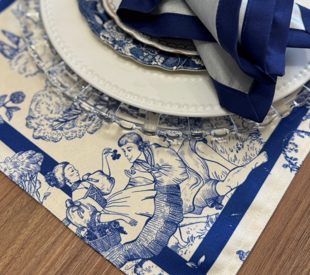 Individual reversible rectangular en tela Flores/Paisaje Azul/OW