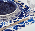Individual reversible rectangular en tela Flores/Paisaje Azul/Beige