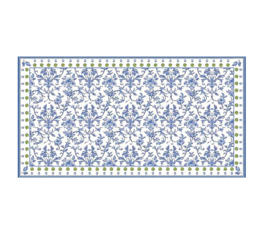 Mantel rectangular 10P en tela Flores Borde Arbolitos OW/Azul/Verde