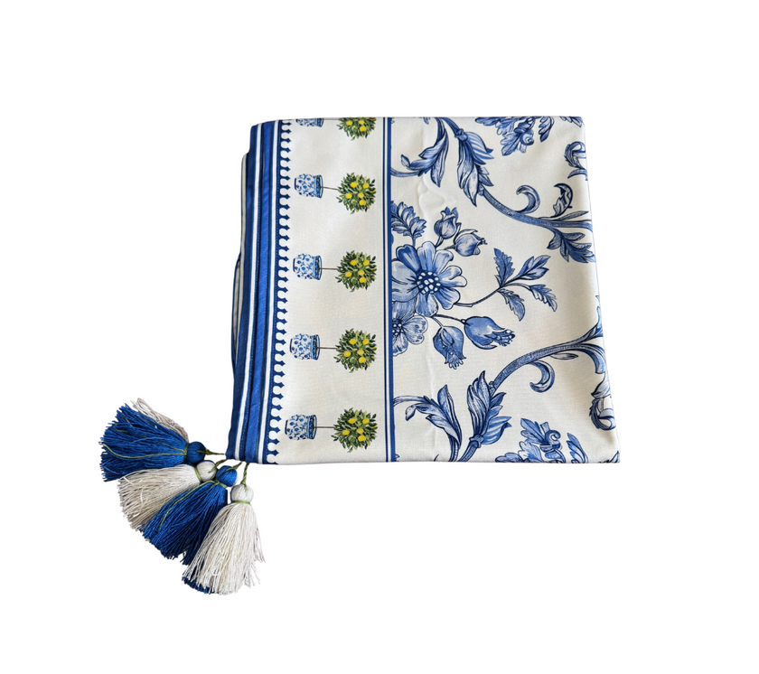 Mantel rectangular 8P en tela Flores Borde Arbolitos OW/Azul/Verde