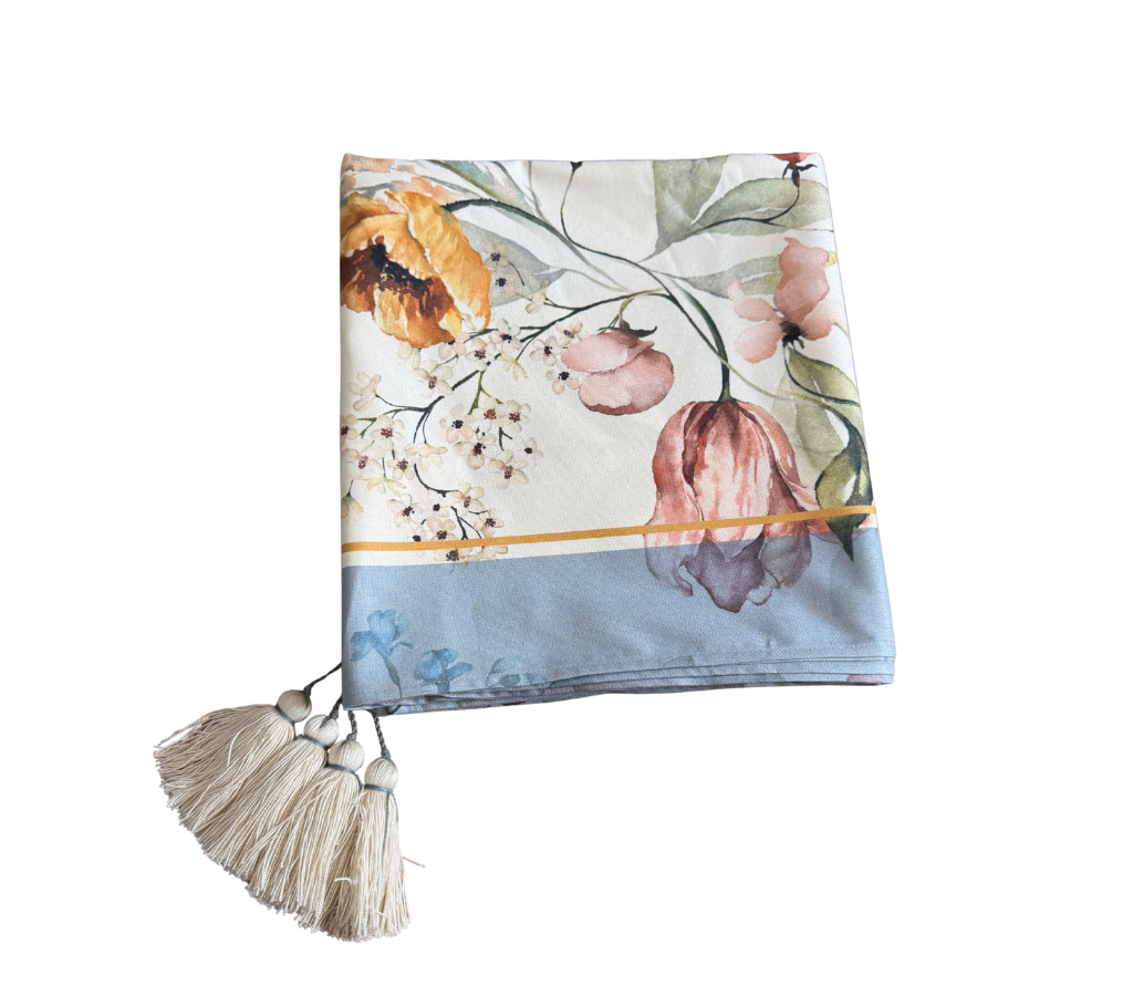 Mantel rectangular 8P en tela Flores Colores Borde AzulGris