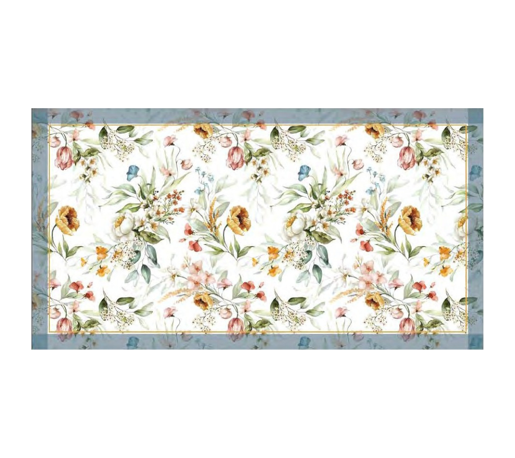 Mantel rectangular 8P en tela Flores Colores Borde AzulGris