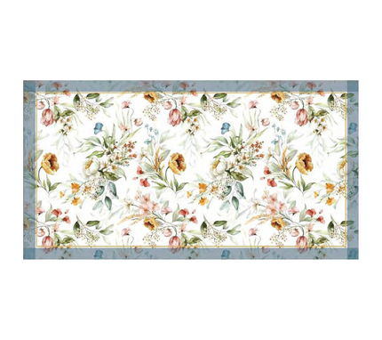 Mantel rectangular 8P en tela Flores Colores Borde AzulGris