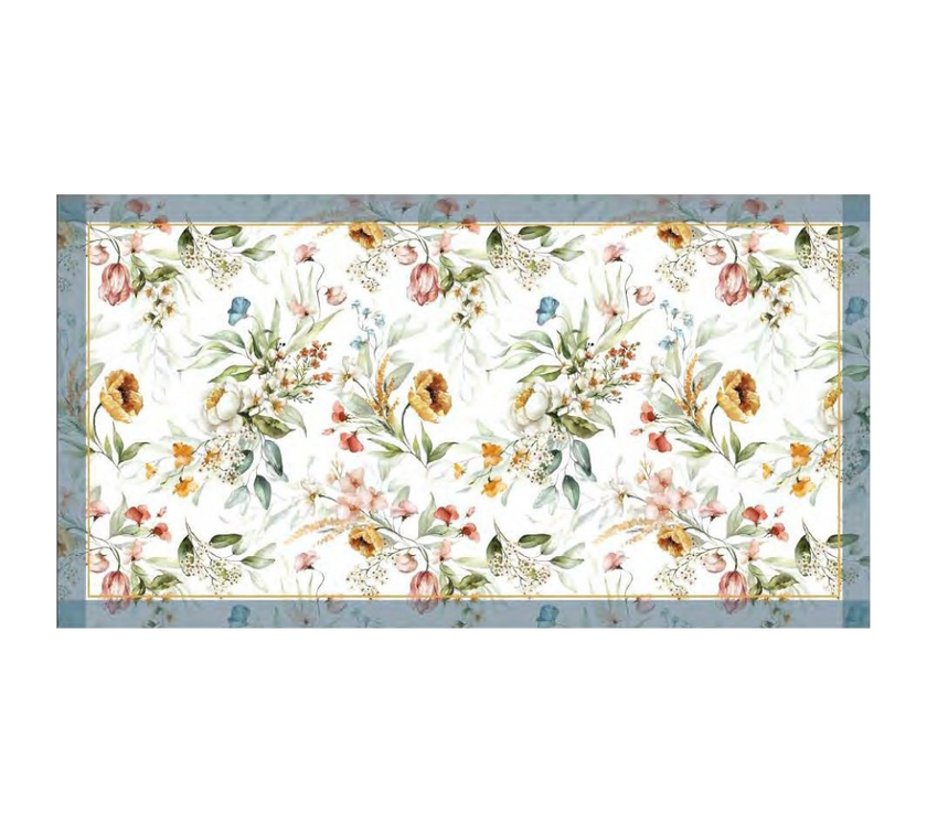 Mantel rectangular 10P en tela Flores Colores Borde AzulGris