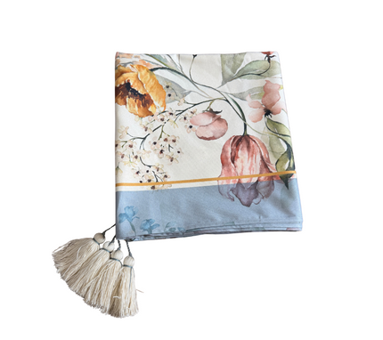 Mantel rectangular 8P en tela Flores Colores Borde AzulGris