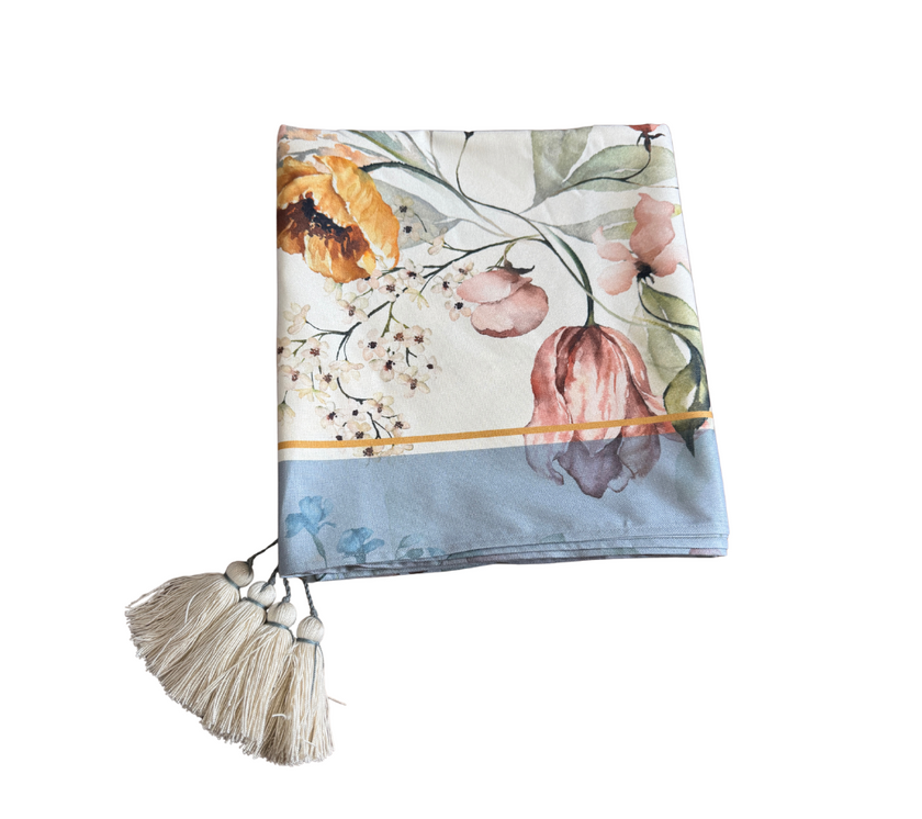 Mantel rectangular 10P en tela Flores Colores Borde AzulGris