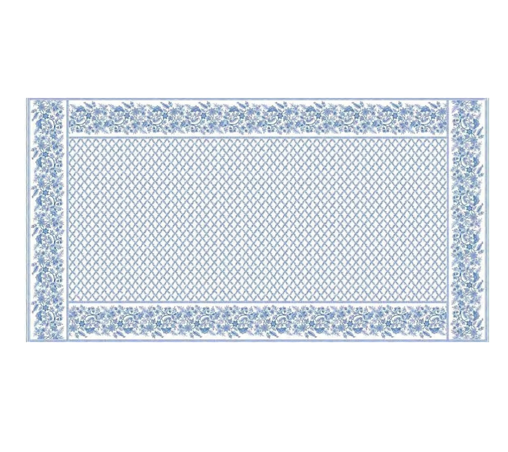 Mantel rectangular 10P en tela Mosaico Borde Flores OW/Azul
