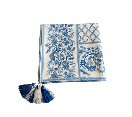 Mantel rectangular 10P en tela Mosaico Borde Flores OW/Azul