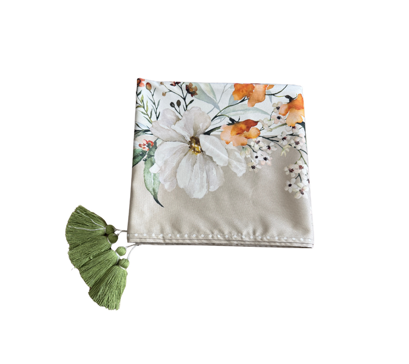 Mantel rectangular 10P en tela  Flores Enredadera Borde Beige/Colores