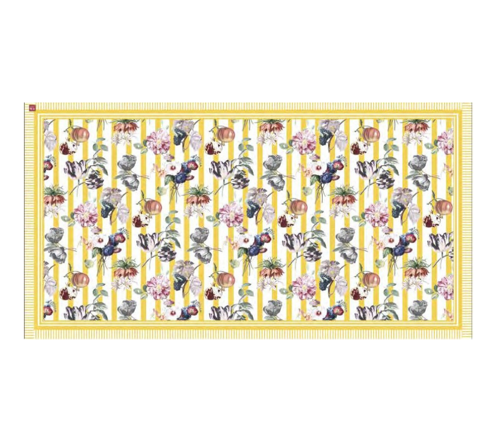 Mantel rectangular 10P en tela GranadasFlores/Franjas Amarillo/OW