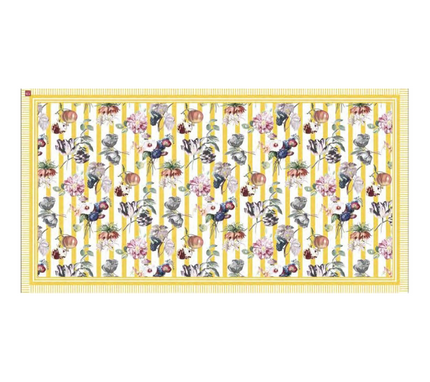 Mantel rectangular 10P en tela GranadasFlores/Franjas Amarillo/OW