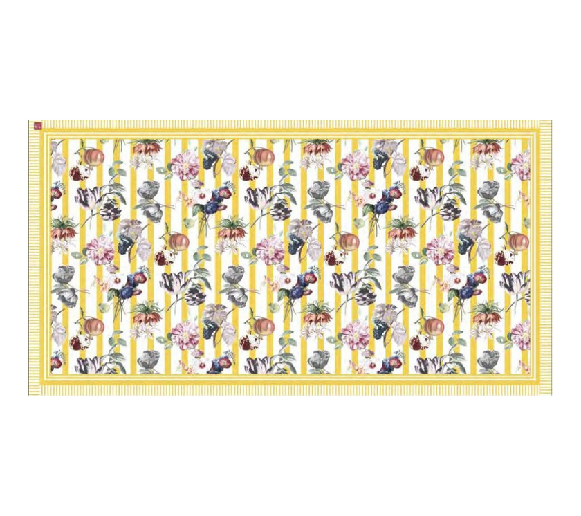 Mantel rectangular 10P en tela GranadasFlores/Franjas Amarillo/OW