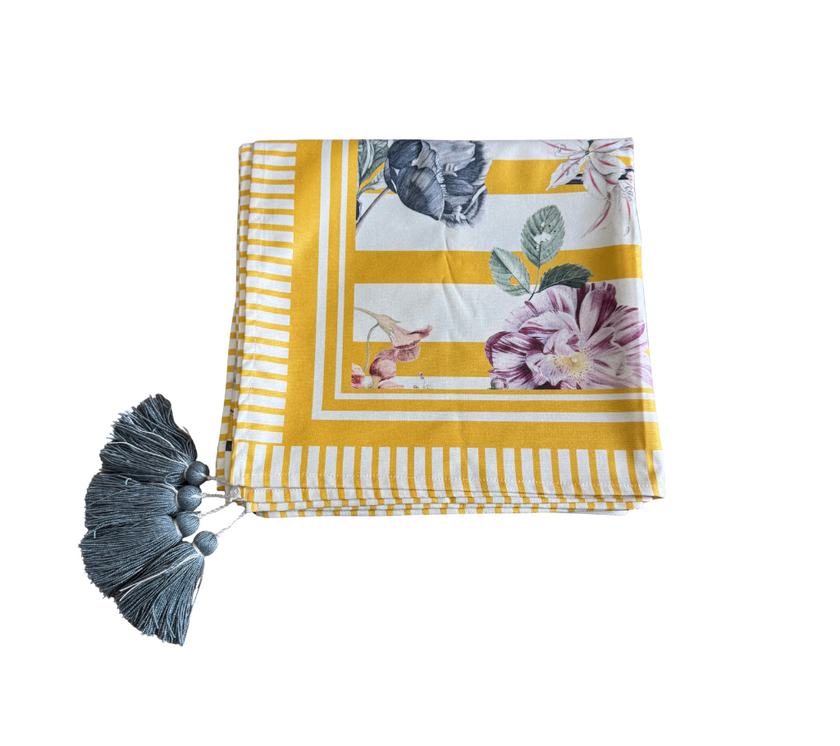 Mantel rectangular 8P en tela GranadasFlores/Franjas Amarillo/OW