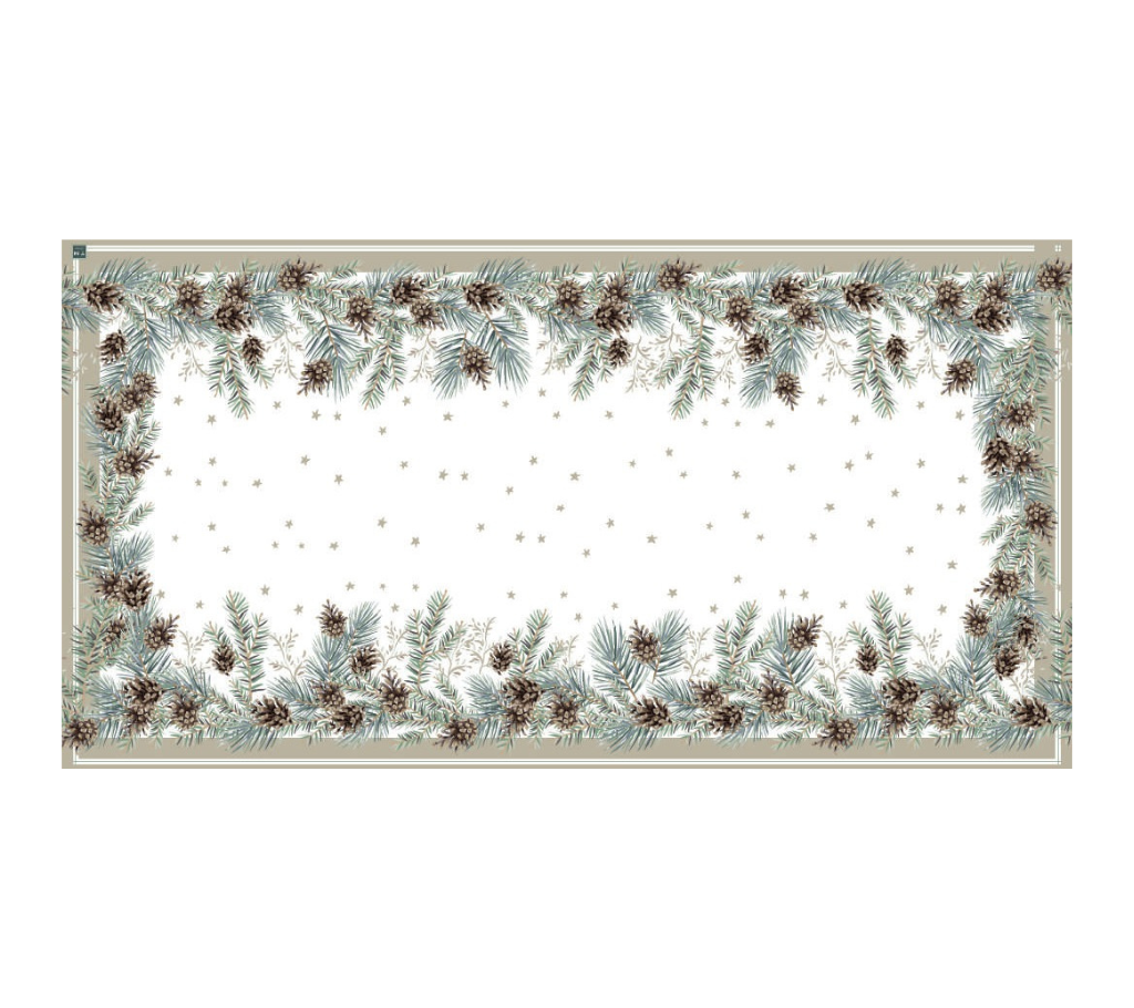 Mantel rectangular 12P en tela Navidad Piñones/Ramas OW/Verde