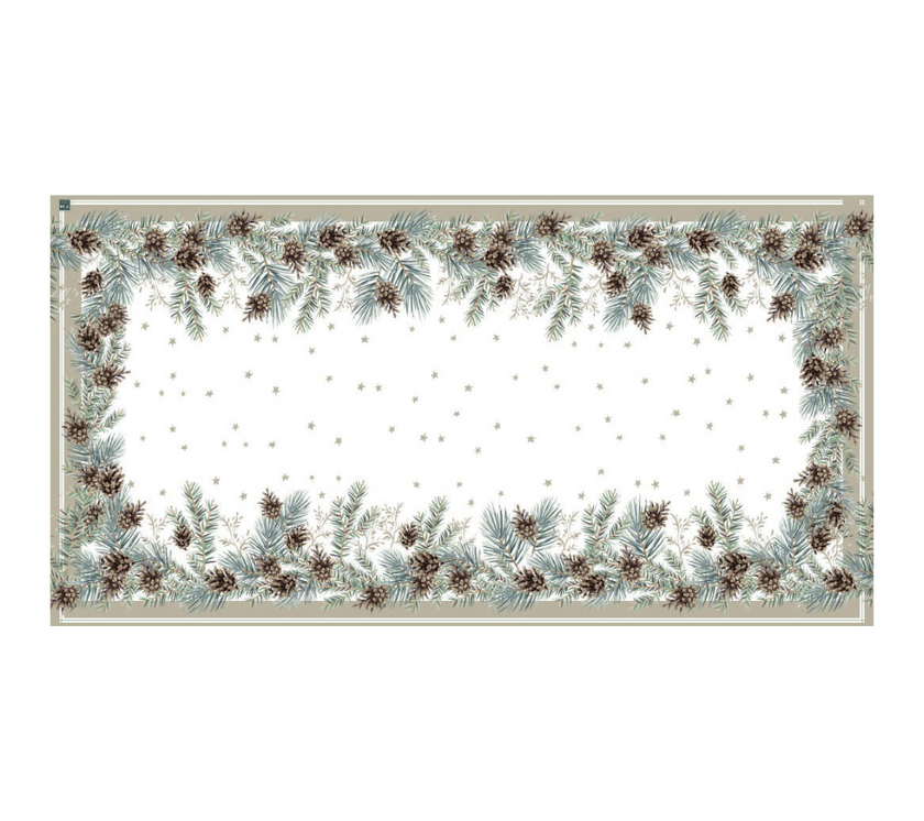 Mantel rectangular 10P en tela Navidad Piñones/Ramas OW/Verde